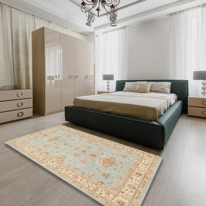 Machine Washable Traditional Desert Sand Beige Rug in a Bedroom, wshtr1526