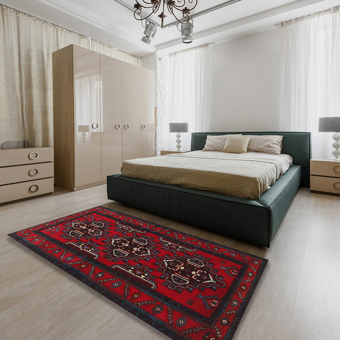 Machine Washable Traditional Tomato Red Rug in a Bedroom, wshtr1529