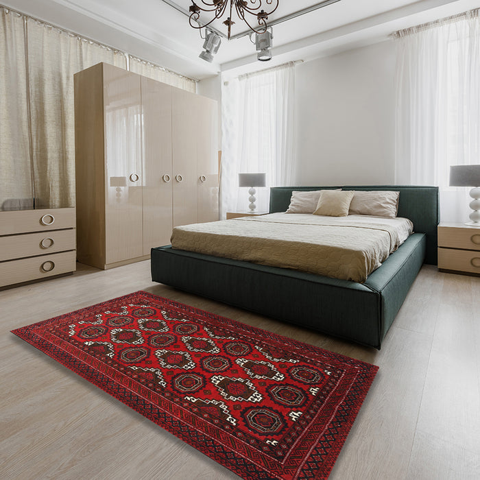 Traditional Dark Brown Persian Rug in a Bedroom, tr1532
