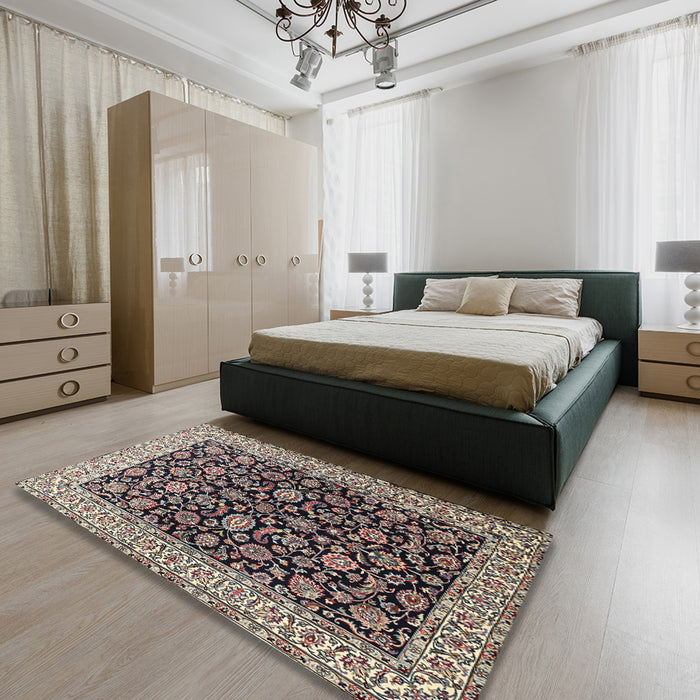 Traditional Tan Brown Persian Rug in a Bedroom, tr1554