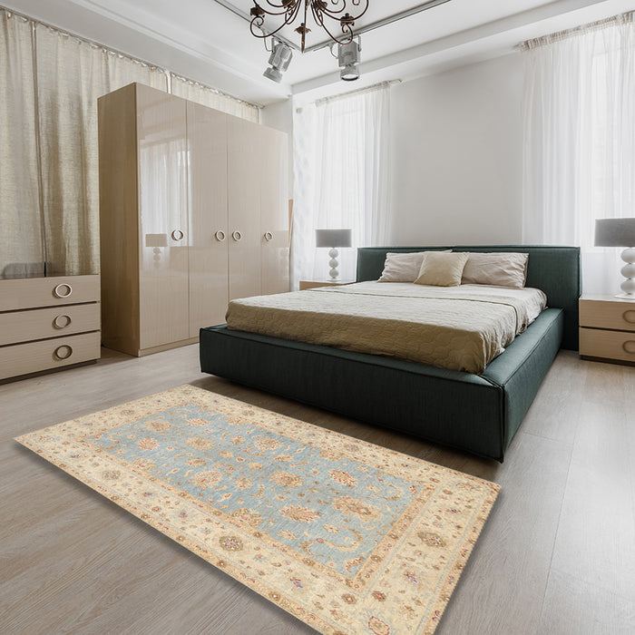 Traditional Light French Beige Brown Oriental Rug in a Bedroom, tr1560