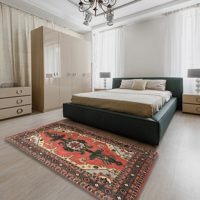 Machine Washable Traditional Saffron Red Rug in a Bedroom, wshtr1565