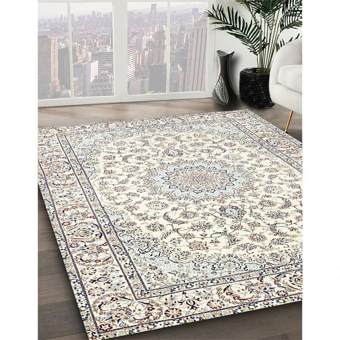 Machine Washable Traditional Champagne Beige Rug in a Family Room, wshtr156
