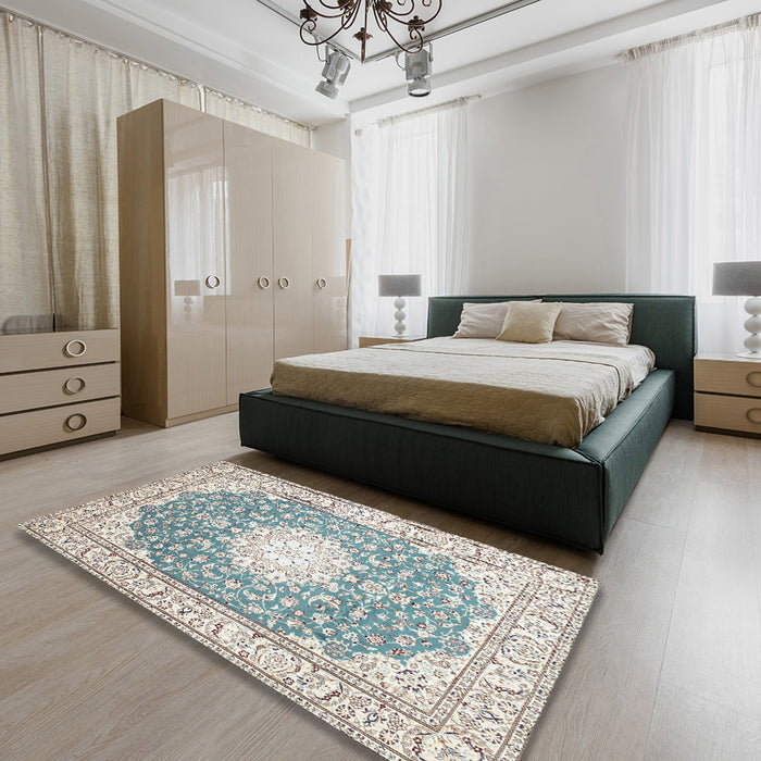 Machine Washable Traditional White Gold Rug in a Bedroom, wshtr157