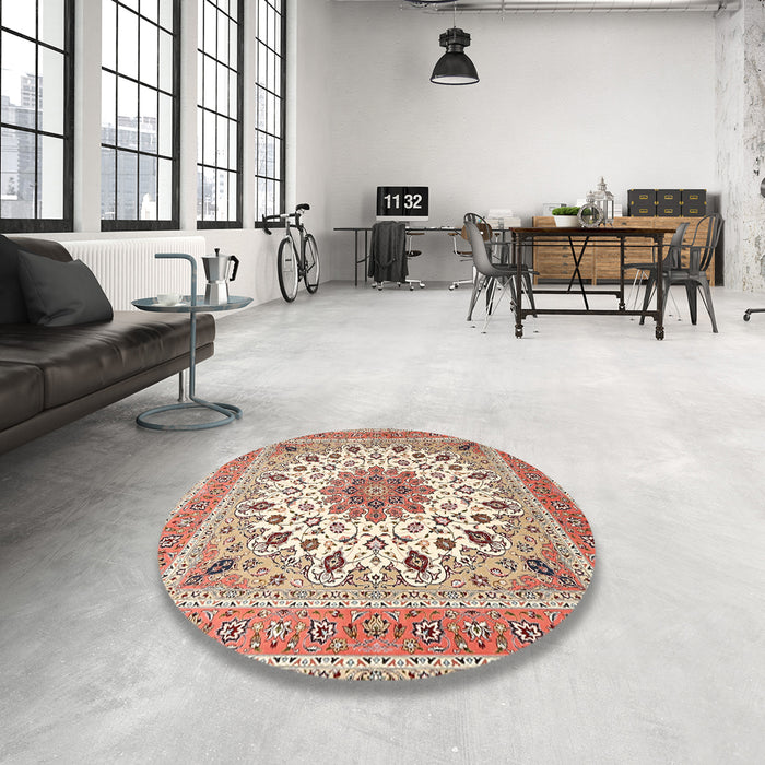 Round Machine Washable Traditional Deep Peach Orange Rug in a Office, wshtr1585