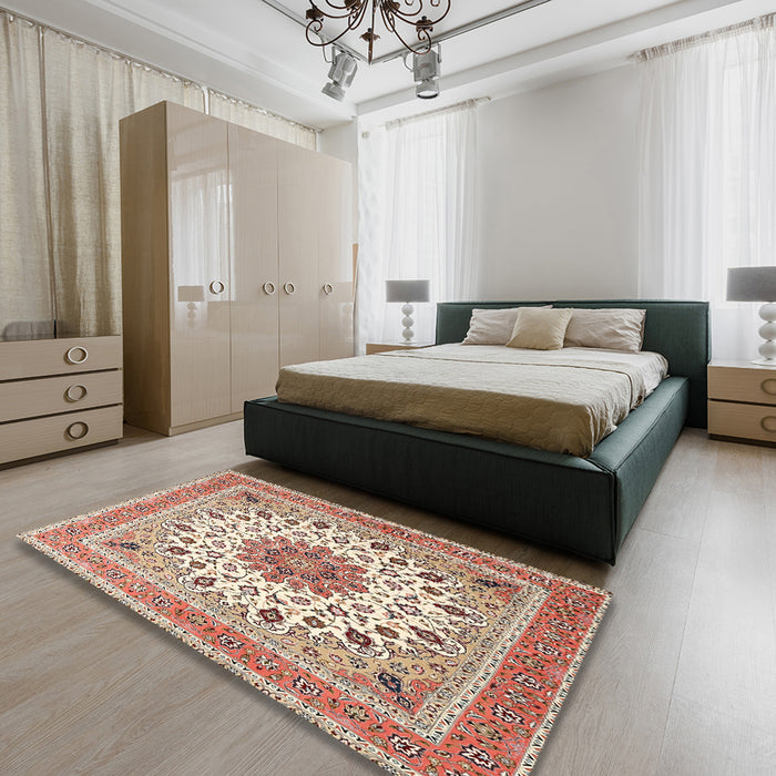 Machine Washable Traditional Deep Peach Orange Rug in a Bedroom, wshtr1585