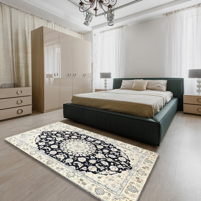 Machine Washable Traditional Champagne Beige Rug in a Bedroom, wshtr1588