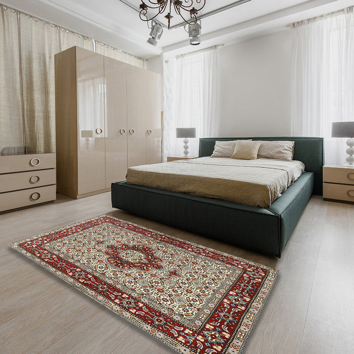 Traditional Tan Brown Persian Rug in a Bedroom, tr1591