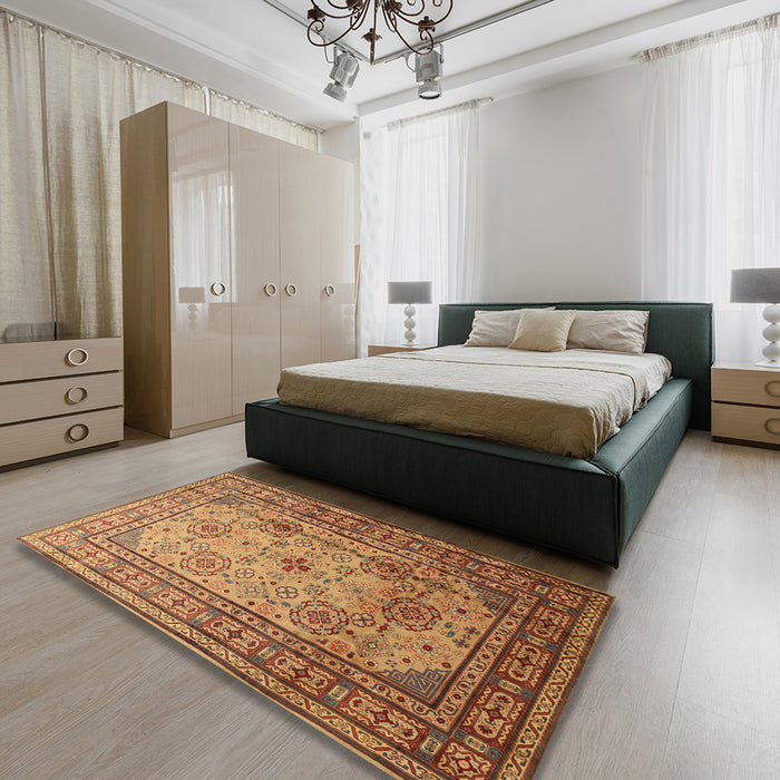 Traditional Mahogany Brown Persian Rug in a Bedroom, tr1596