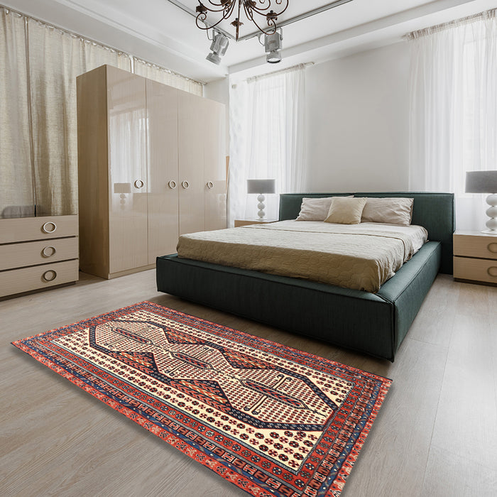 Traditional Light French Beige Brown Persian Rug in a Bedroom, tr1602