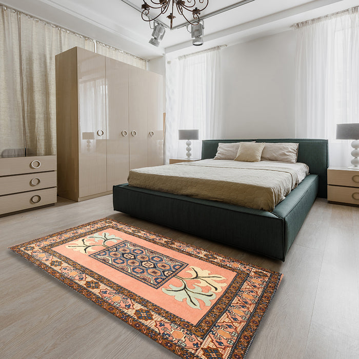 Traditional Chestnut Brown Persian Rug in a Bedroom, tr1604