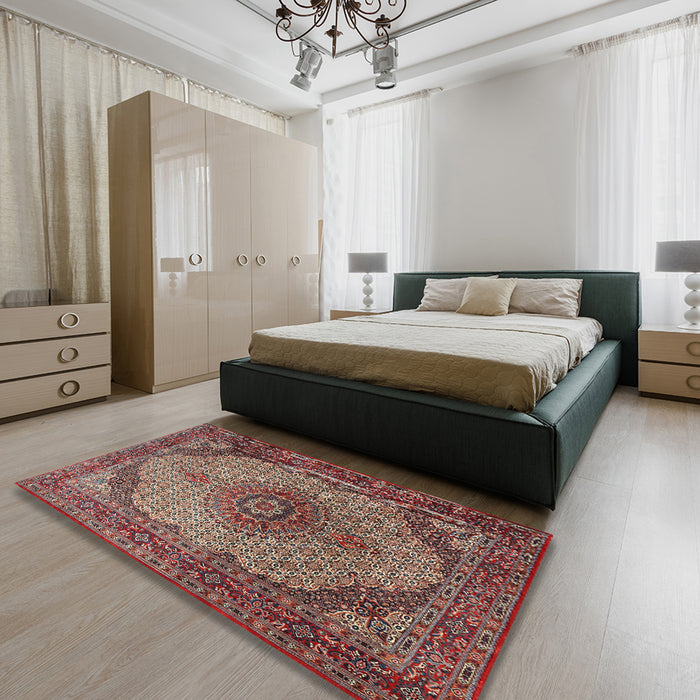 Machine Washable Traditional Saffron Red Rug in a Bedroom, wshtr1625