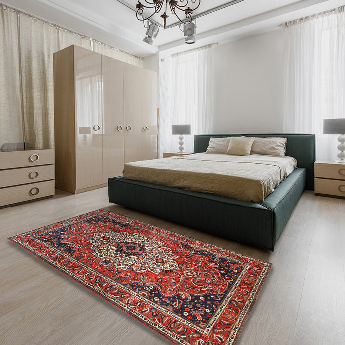 Traditional Dark Almond Brown Medallion Rug in a Bedroom, tr1627