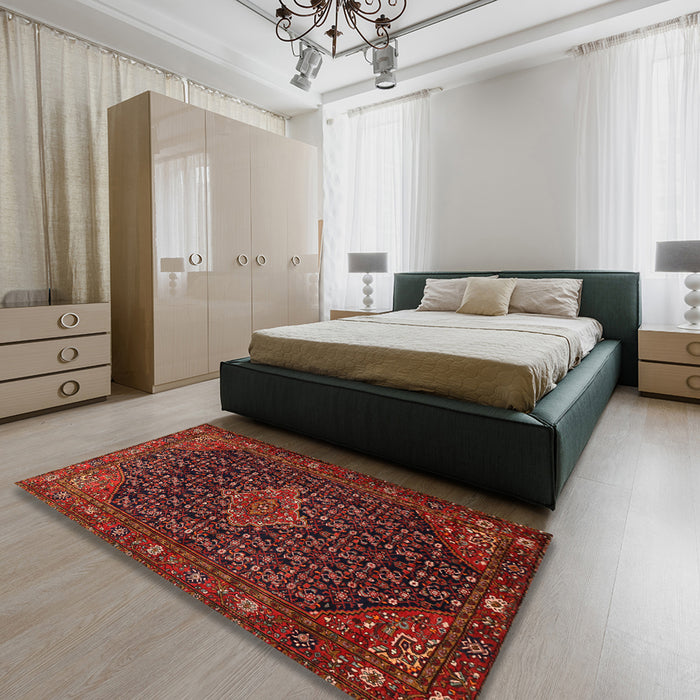 Traditional Chestnut Brown Persian Rug in a Bedroom, tr1645