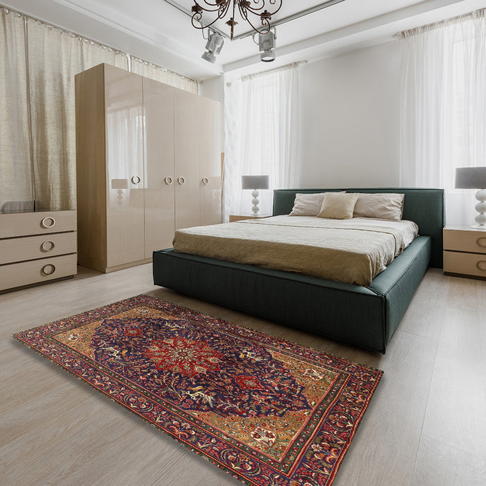Traditional Dark Gold Brown Medallion Rug in a Bedroom, tr1651