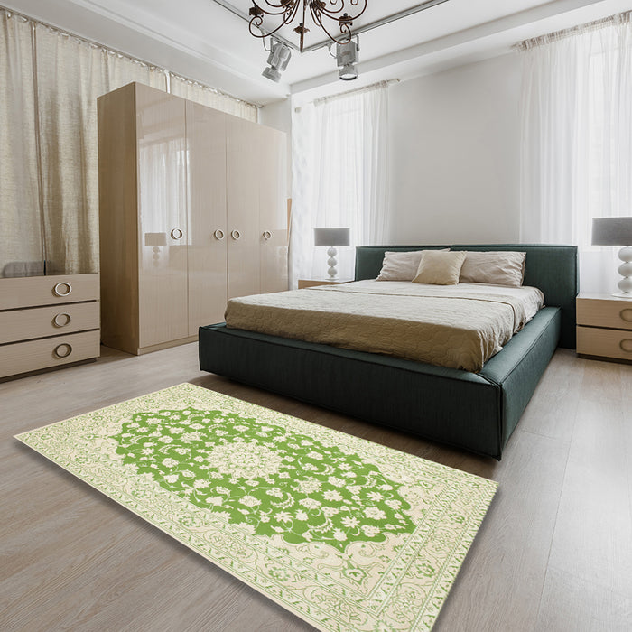Machine Washable Traditional Yellow Green Rug in a Bedroom, wshtr165