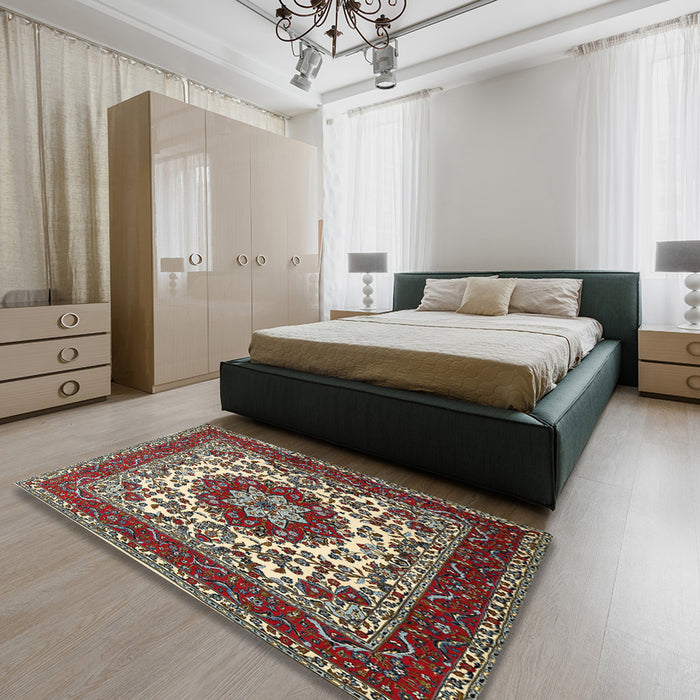 Traditional Sand Brown Medallion Rug in a Bedroom, tr1666