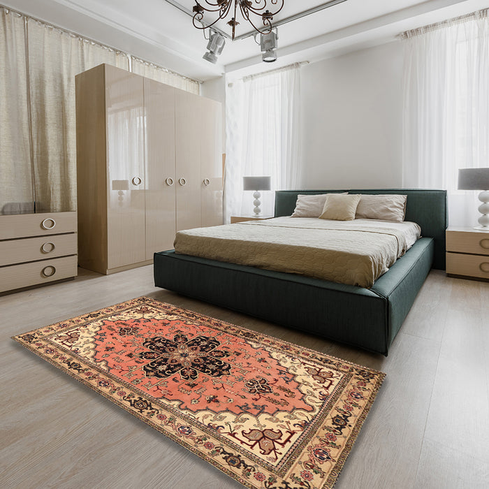 Traditional Dark Sienna Brown Persian Rug in a Bedroom, tr1676