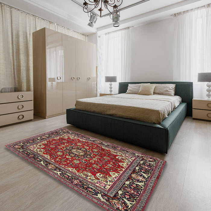 Machine Washable Traditional Saffron Red Rug in a Bedroom, wshtr1693