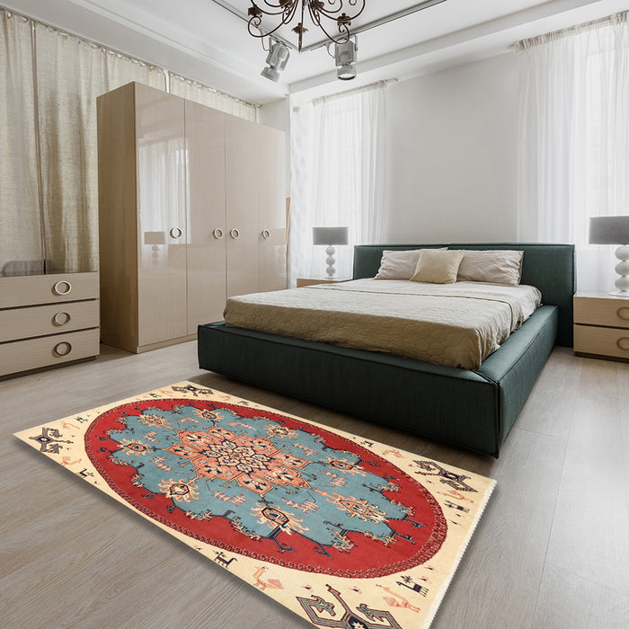 Machine Washable Traditional Sage Green Rug in a Bedroom, wshtr1694