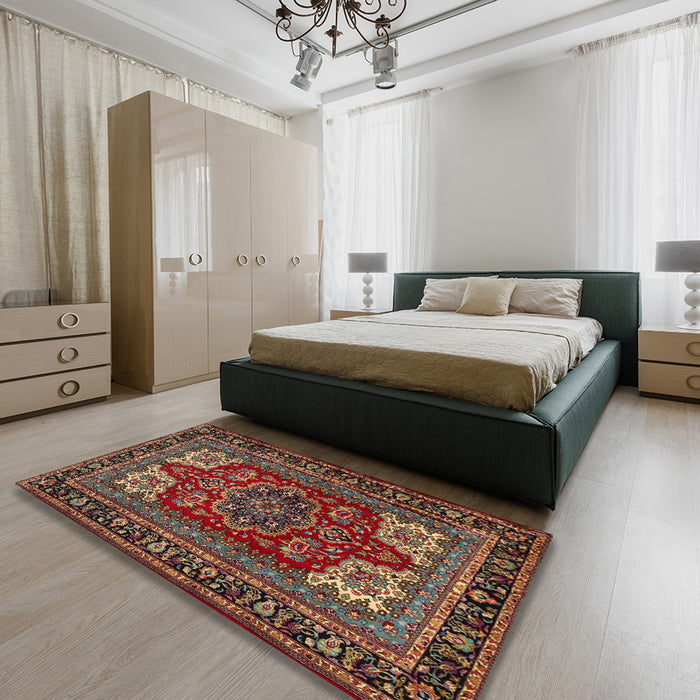 Traditional Saffron Red Medallion Rug in a Bedroom, tr1696