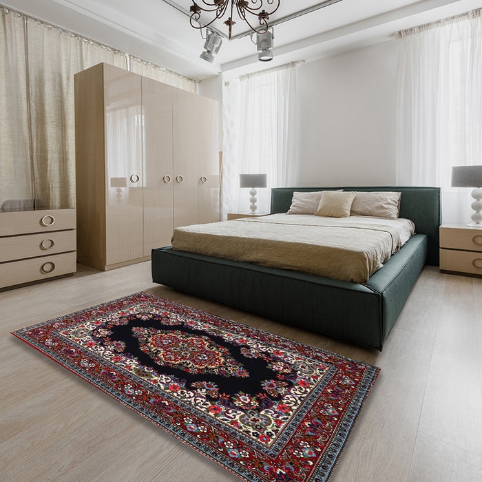 Traditional Dark Scarlet Red Medallion Rug in a Bedroom, tr1703