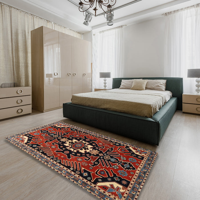 Machine Washable Traditional Dark Almond Brown Rug in a Bedroom, wshtr1709