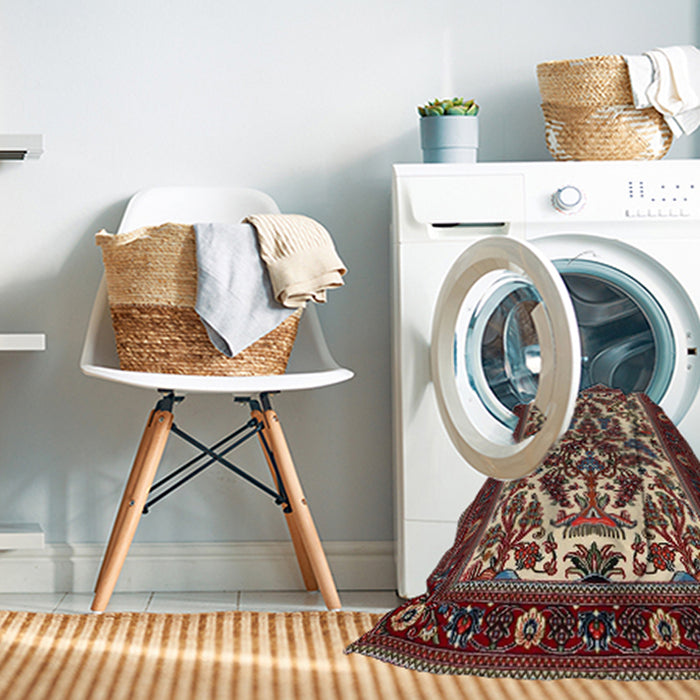 Machine Washable Traditional Saffron Red Rug in a Washing Machine, wshtr1714