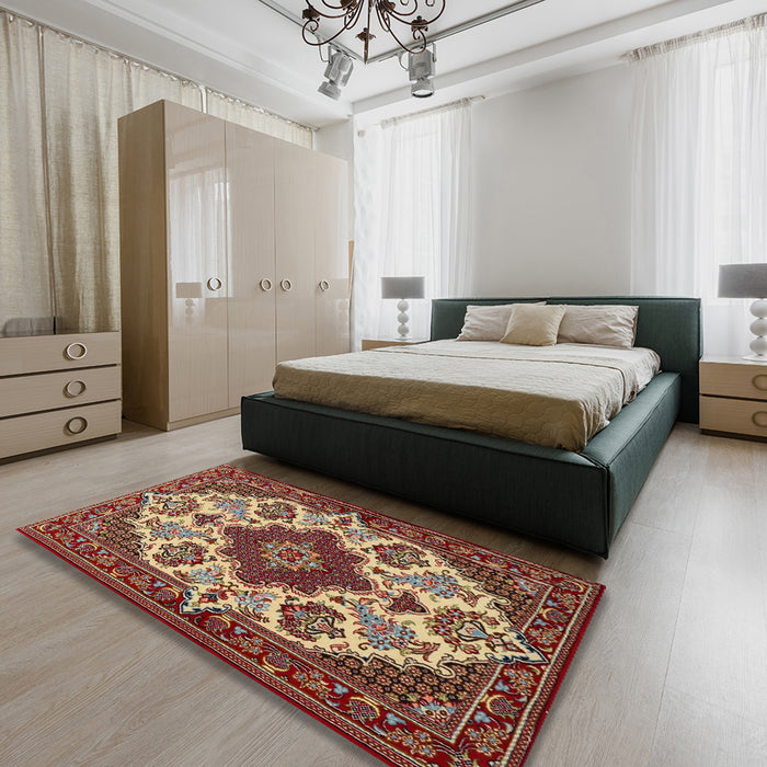 Traditional Saffron Red Medallion Rug in a Bedroom, tr1729