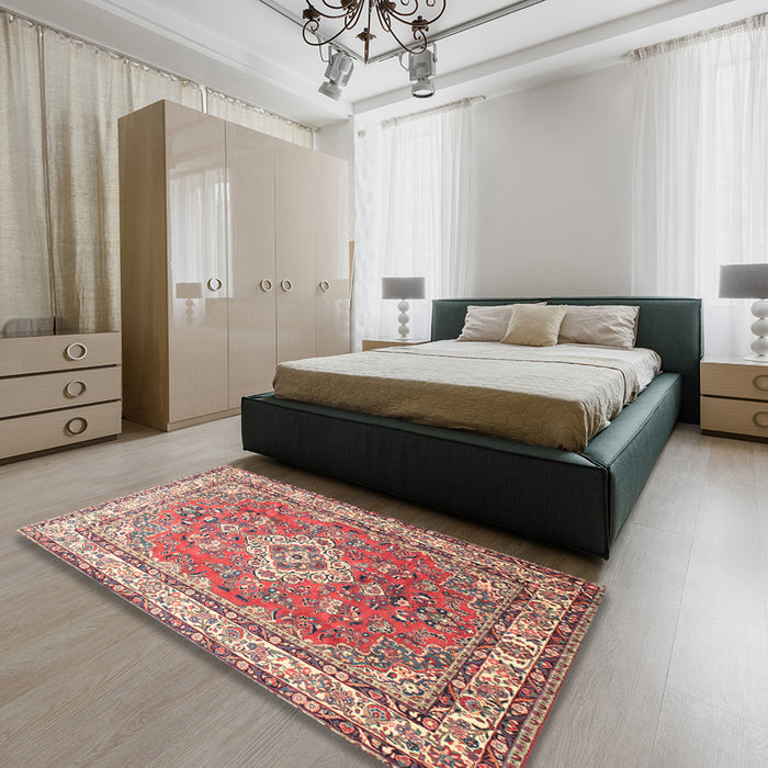 Traditional Bright Maroon Red Persian Rug in a Bedroom, tr173