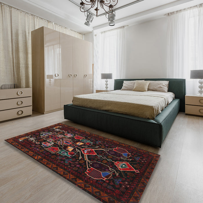 Traditional Dark Brown Persian Rug in a Bedroom, tr1751