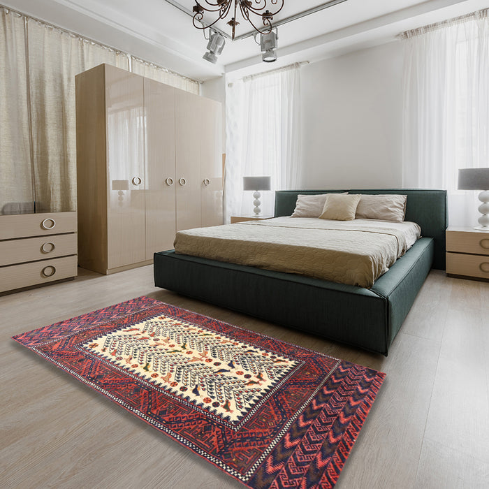 Machine Washable Traditional Brown Red Rug in a Bedroom, wshtr1761