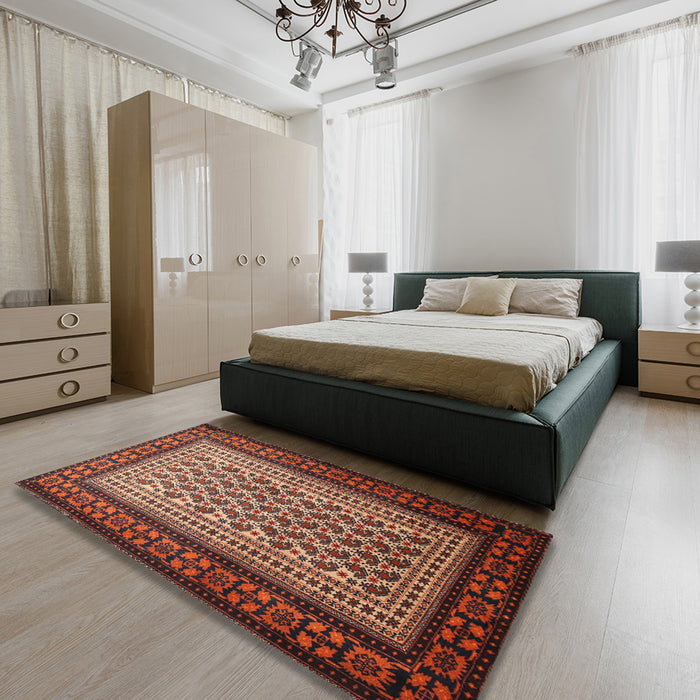 Machine Washable Traditional Orange Brown Rug in a Bedroom, wshtr1766