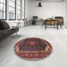Round Machine Washable Traditional Orange Salmon Pink Rug in a Office, wshtr1784
