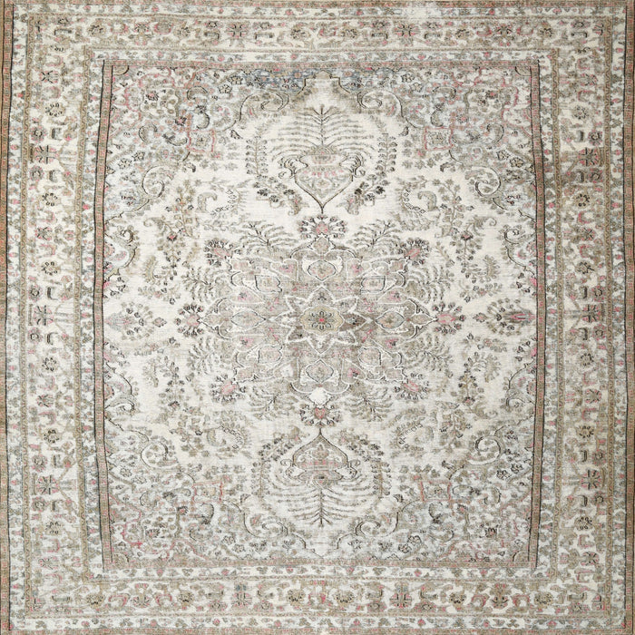 Round Machine Washable Traditional Dark White Beige Rug, wshtr1789