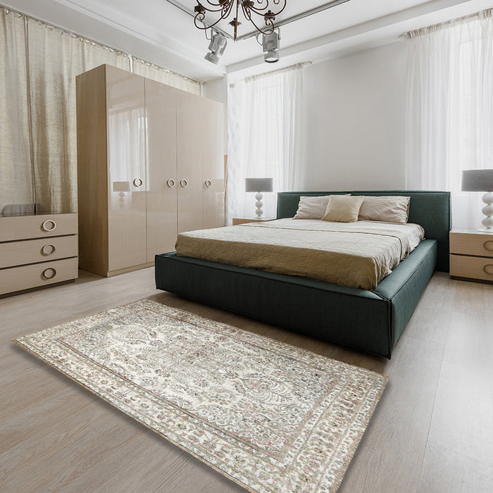 Machine Washable Traditional Dark White Beige Rug in a Bedroom, wshtr1789