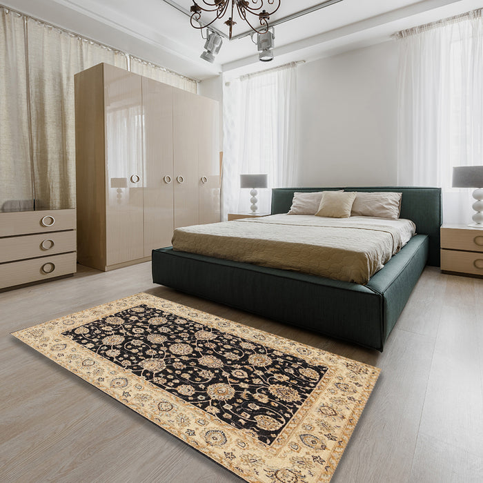 Traditional Dark Brown Oriental Rug in a Bedroom, tr1794