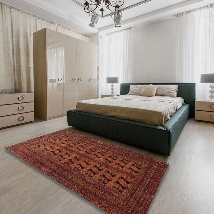 Traditional Mahogany Brown Persian Rug in a Bedroom, tr1804