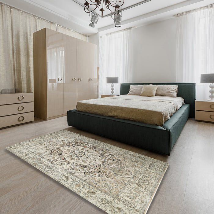 Traditional Khaki Green Medallion Rug in a Bedroom, tr1814