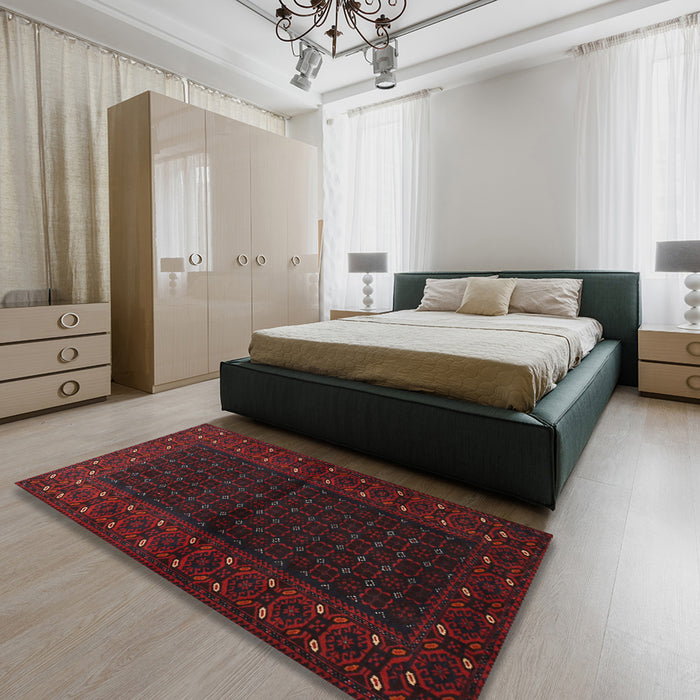 Traditional Burgundy Brown Persian Rug in a Bedroom, tr1817