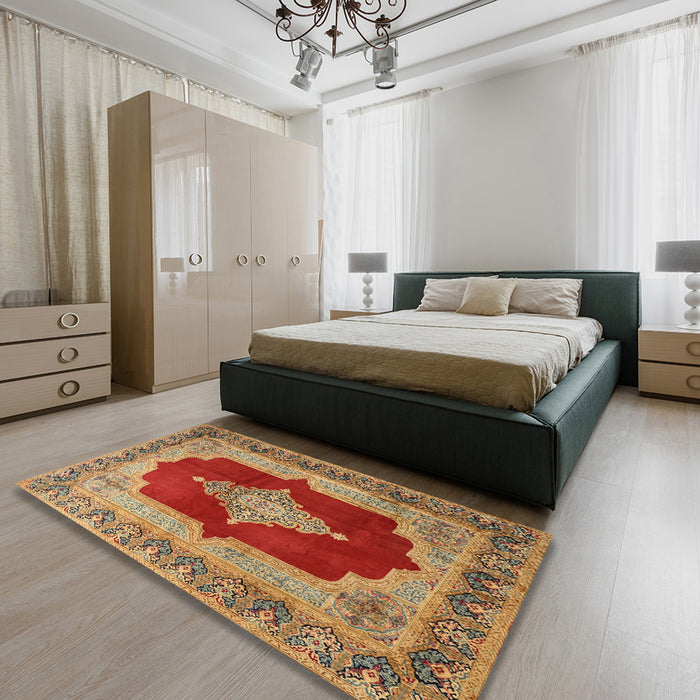 Traditional Gold Medallion Rug in a Bedroom, tr1826