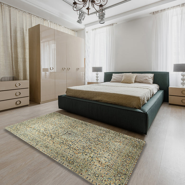 Traditional Dark Green Persian Rug in a Bedroom, tr1827