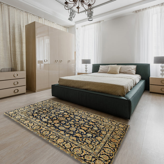 Traditional Metallic Gold Persian Rug in a Bedroom, tr1829
