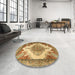 Round Machine Washable Traditional Yellow Orange Rug in a Office, wshtr1842