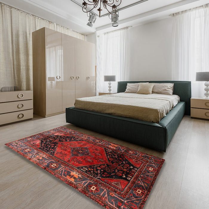 Traditional Chestnut Brown Persian Rug in a Bedroom, tr1859