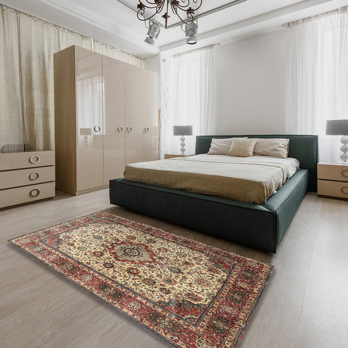 Traditional Brownish Green Persian Rug in a Bedroom, tr1873