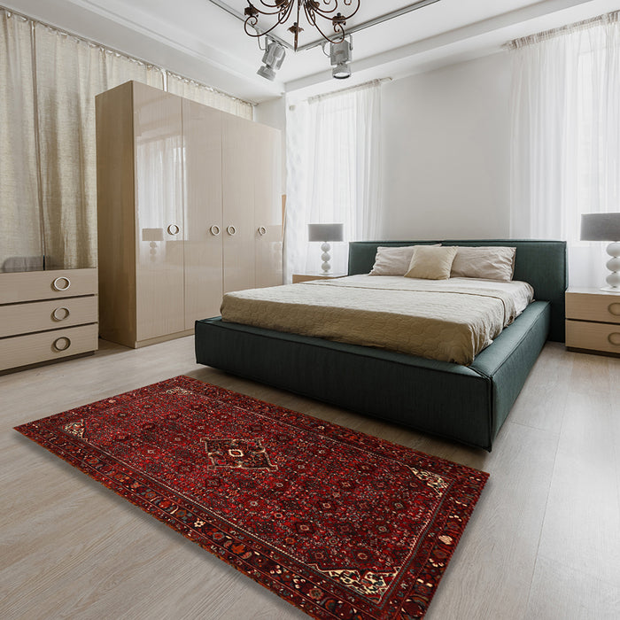 Traditional Crimson Red Persian Rug in a Bedroom, tr1889