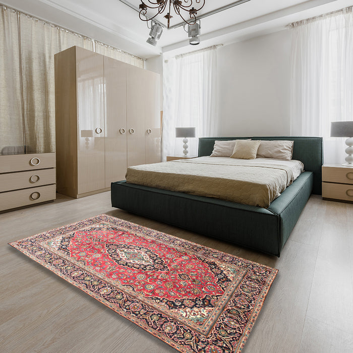 Traditional Light French Beige Brown Medallion Rug in a Bedroom, tr189