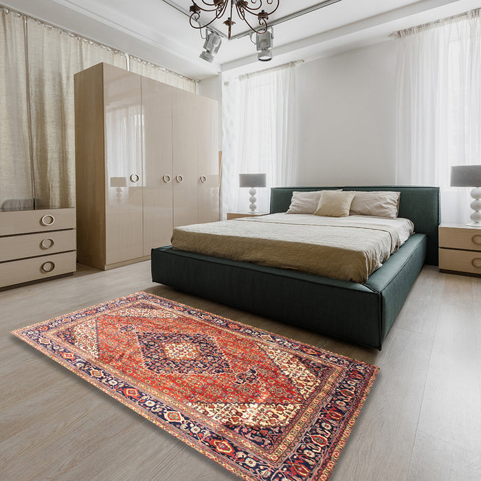 Traditional Fire Brick Red Persian Rug in a Bedroom, tr195