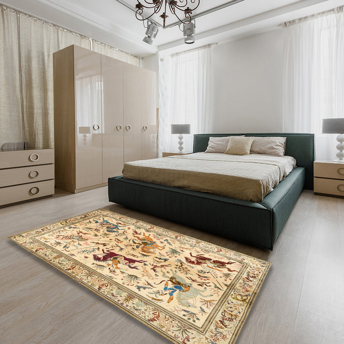 Traditional Brown Gold Animal Rug in a Bedroom, tr1989